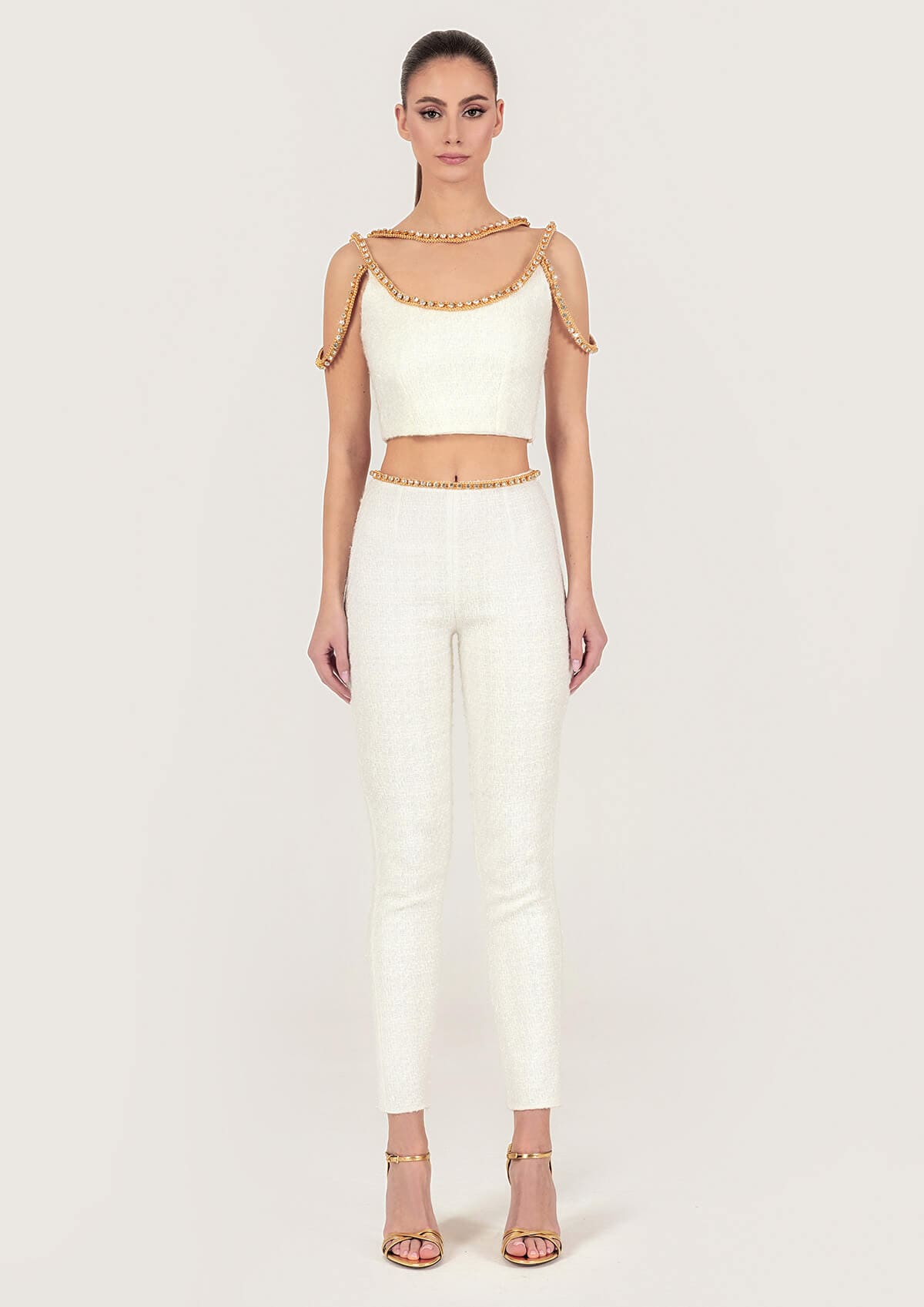 Monika Dimova - Gold Thread Embroidered Tweed Crop Top – MADAMVOYAGE