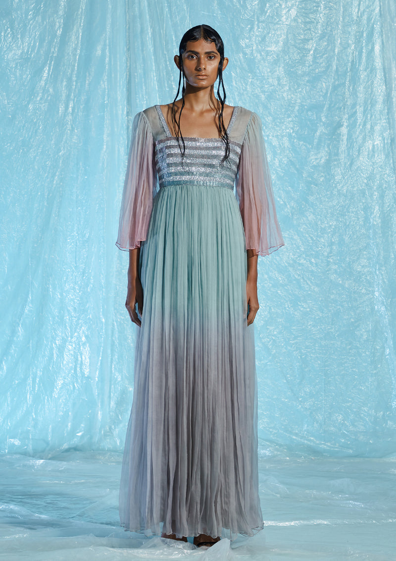 Half-Sleeve Silk Organza Maxi Dress