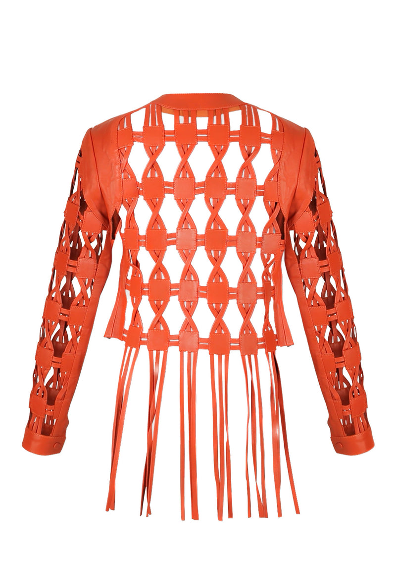 Heather Geometric Cut-Out Fringed Leather Jacket