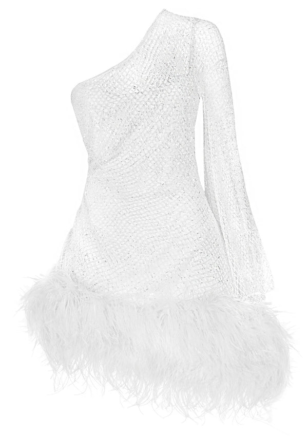 Izabella Asymmetric Crystal Feathered Mini Dress