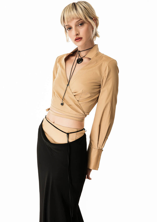 Long-Sleeved Collared Cropped Shirt