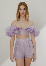 Magnolia Ruffled Sleeve Linen-Silk Crop Top