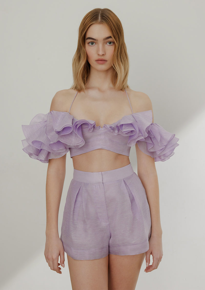 Magnolia Ruffled Sleeve Linen-Silk Crop Top