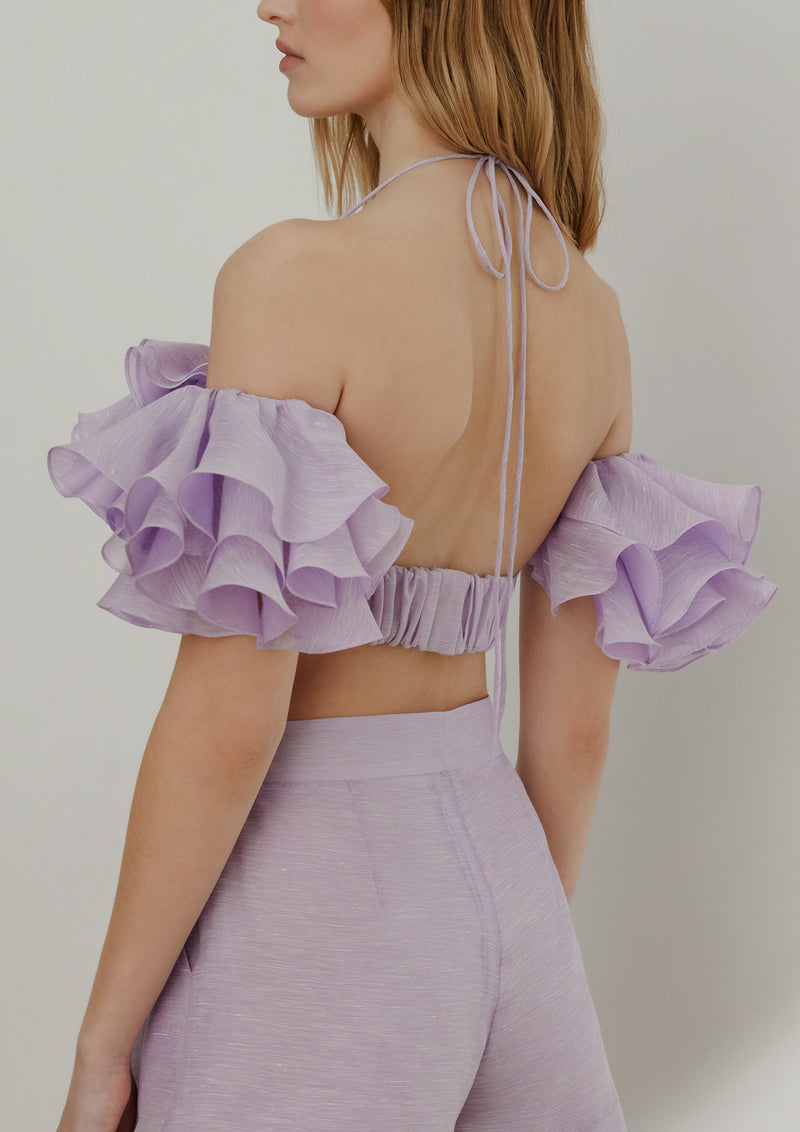 Magnolia Ruffled Sleeve Linen-Silk Crop Top