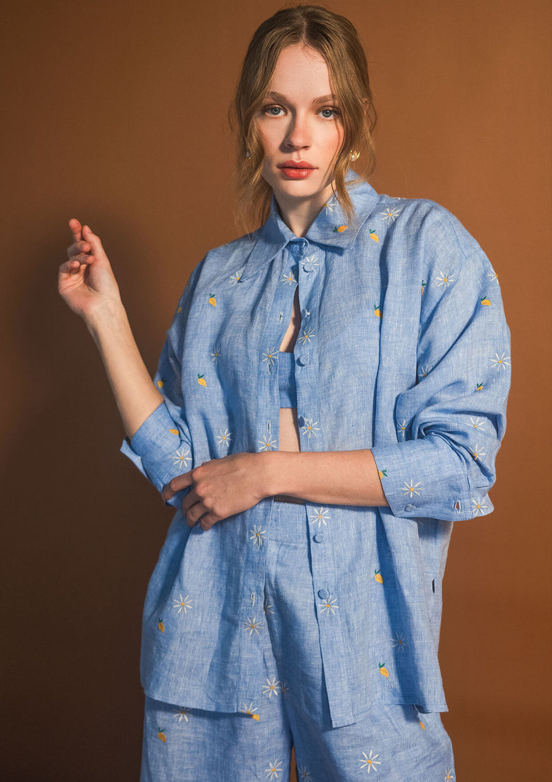 Mango Camomile Embroidered Button-Down Linen Shirt