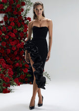Matthiola Noir Asymmetrical Ruffled Velvet Evening Gown
