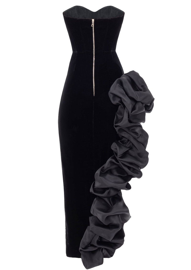 Matthiola Noir Asymmetrical Ruffled Velvet Evening Gown