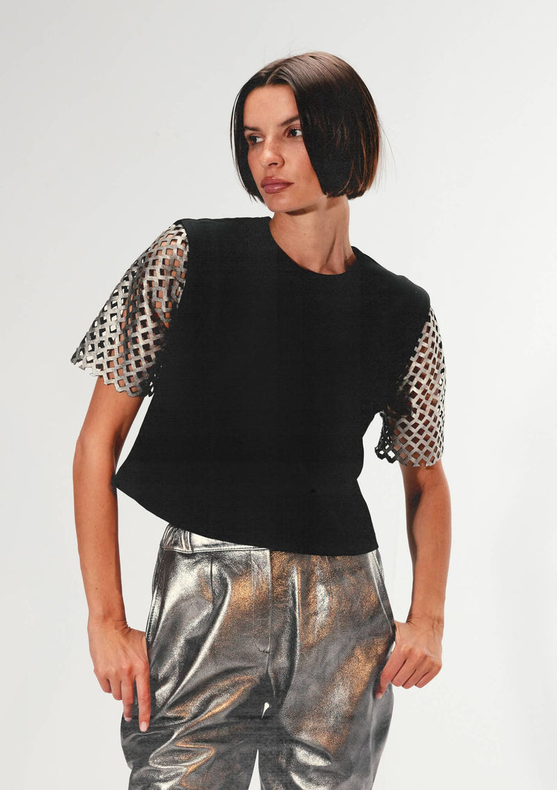 Mia Removable Leather Sleeves Cotton-Mix Top