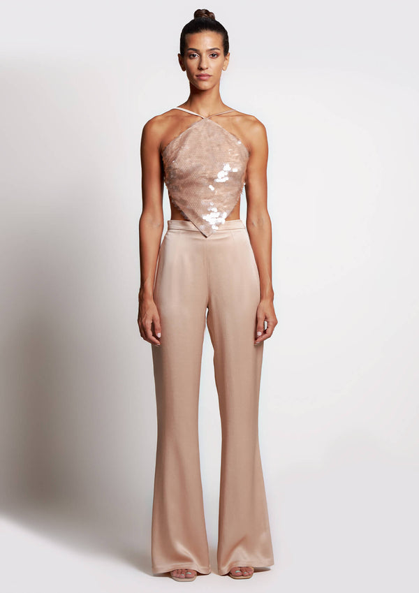 Mila Structured Flared Crepe Satin Trousers