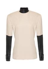 Non-Detachable Leather-Sleeved Cotton-Mix Top