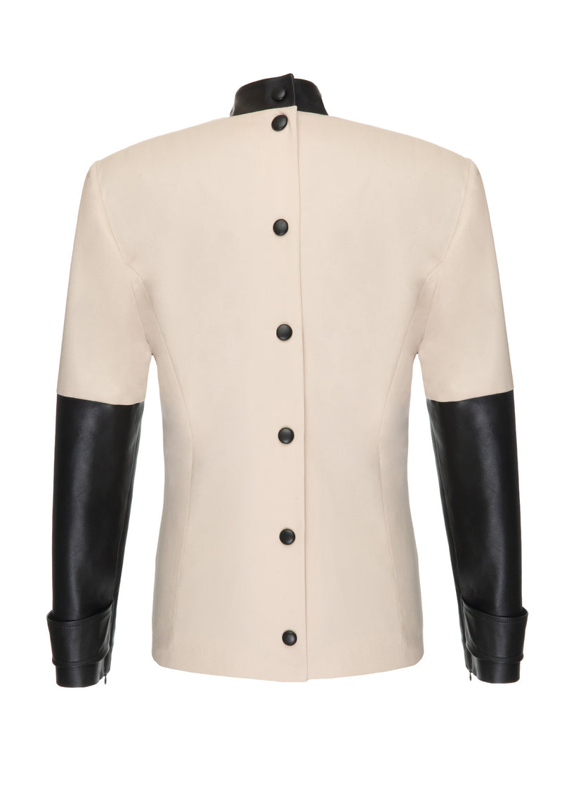 Non-Detachable Leather-Sleeved Cotton-Mix Top
