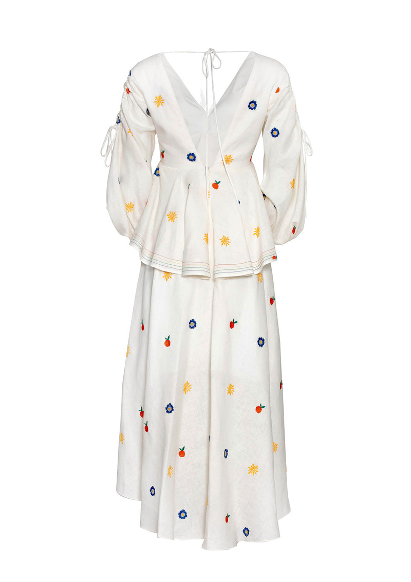 Ola Embroidered Asymmetric Linen Peplum Midi Dress