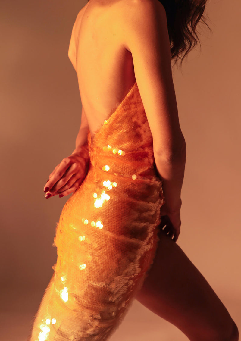 Orea Asymmetric Sequin Open Back Midi Dress