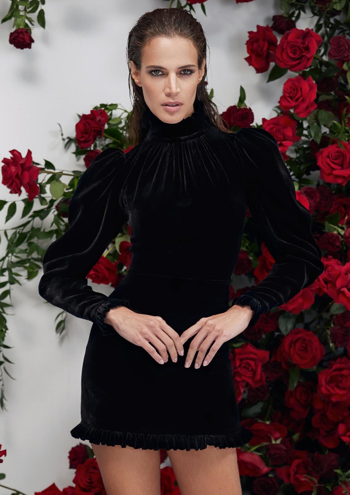 YVON - Rose Noir High-Neck Velvet Mini Dress MADAMVOYAGE YVON - Rose Noir High-Neck Velvet Mini Dress MADAMVOYAGE