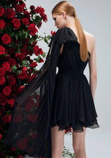 Sarracenia Noir Cape-Sleeve Silk Chiffon Mini Dress