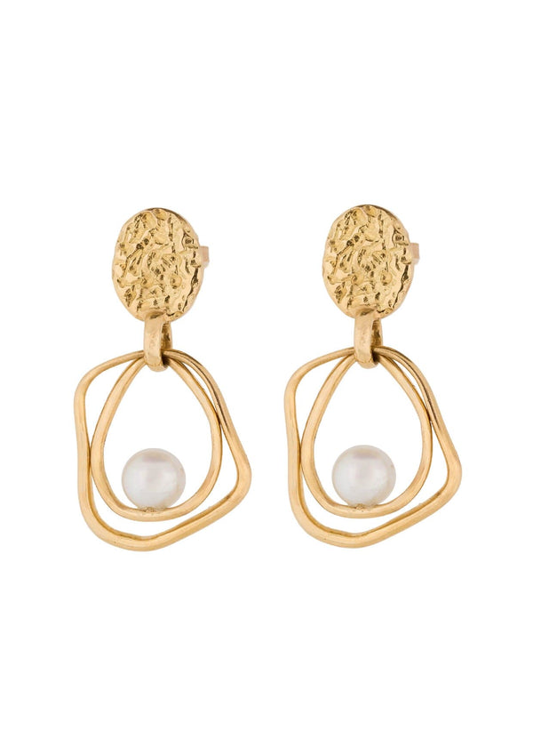 Sea Coin Trapeze Gold Pearl Earrings