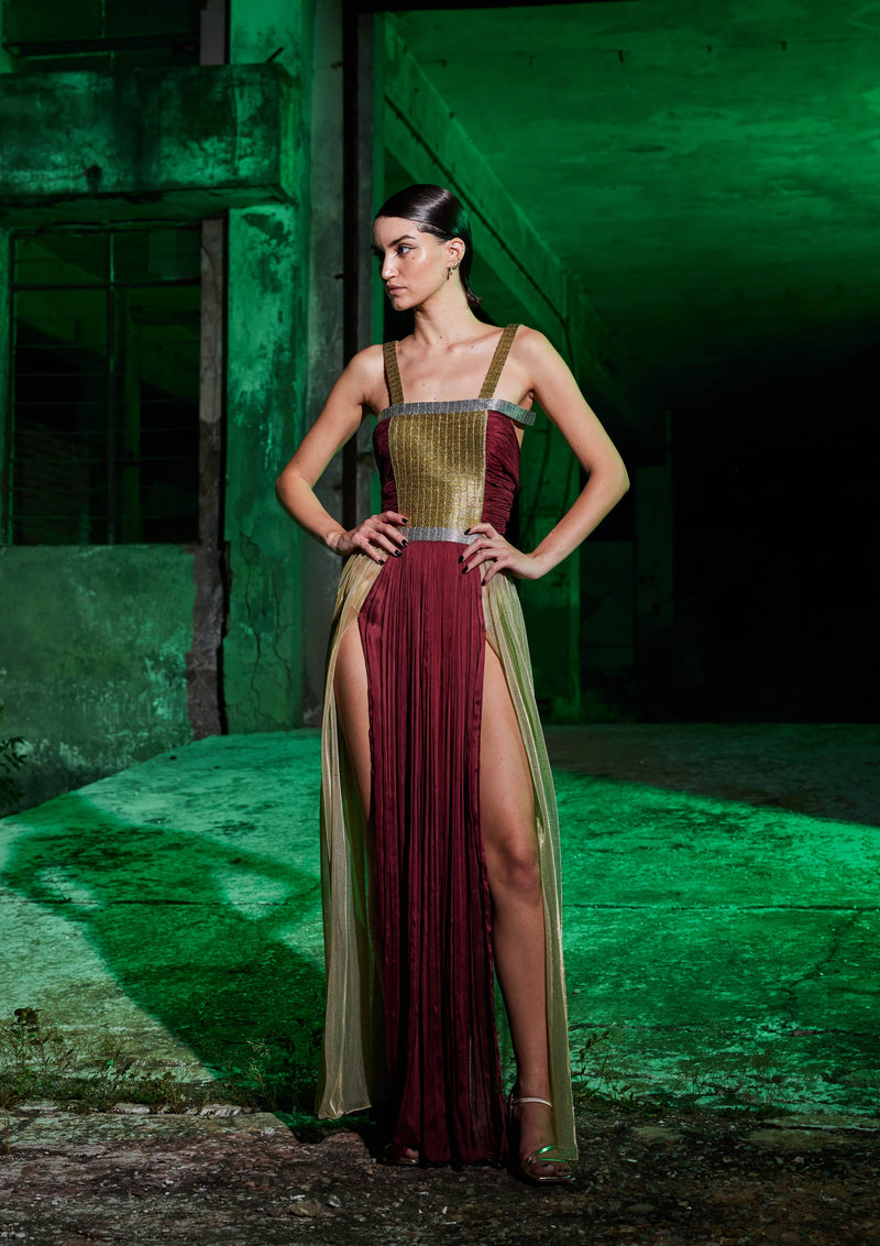 chiffon maxi dress with slit Symphony Dress - Chiffon Shirring Slit Open Sleeve Maxi Dress