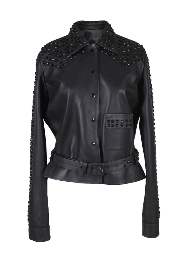 Topaz Studded Collared Leather Jacket Black
