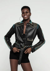 Topaz Studded Collared Leather Jacket Black