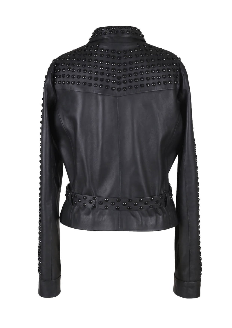 Topaz Studded Collared Leather Jacket Black