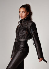 Venus Fringed Studded Cropped Leather Jacket
