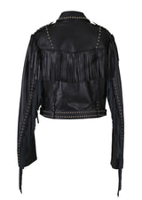 Venus Fringed Studded Cropped Leather Jacket