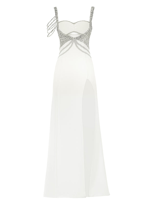 White Crystal Embellished Crepe Maxi Dress