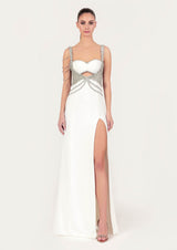 White Crystal Embellished Crepe Maxi Dress