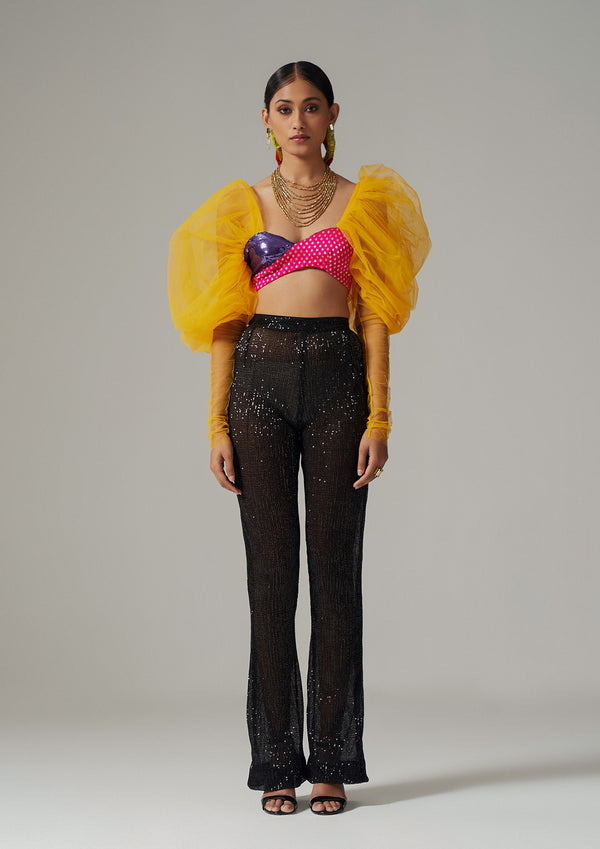 Wide-Leg Sequin Sheer Trousers