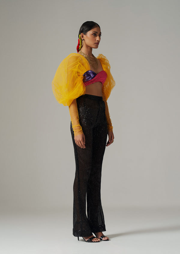Wide-Leg Sequin Sheer Trousers