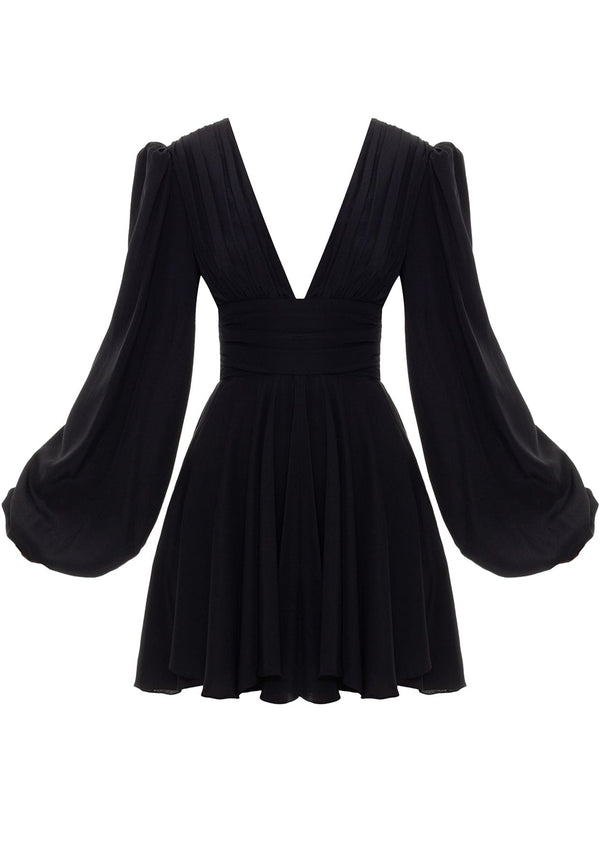YVON - Ancolie Silk V-Neck Long-Sleeved Mini Dress