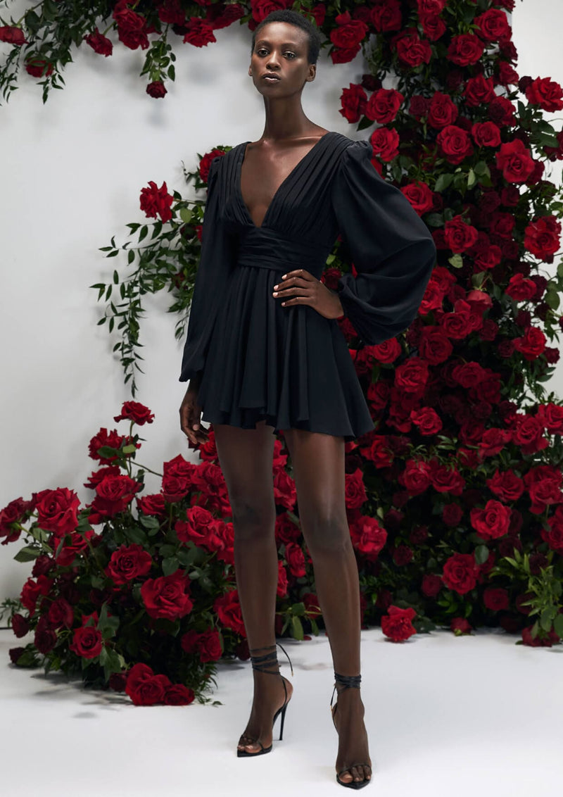 YVON - Ancolie Silk V-Neck Long-Sleeved Mini Dress MADAMVOYAGE YVON - Ancolie Silk V-Neck Long-Sleeved Mini Dress MADAMVOYAGE