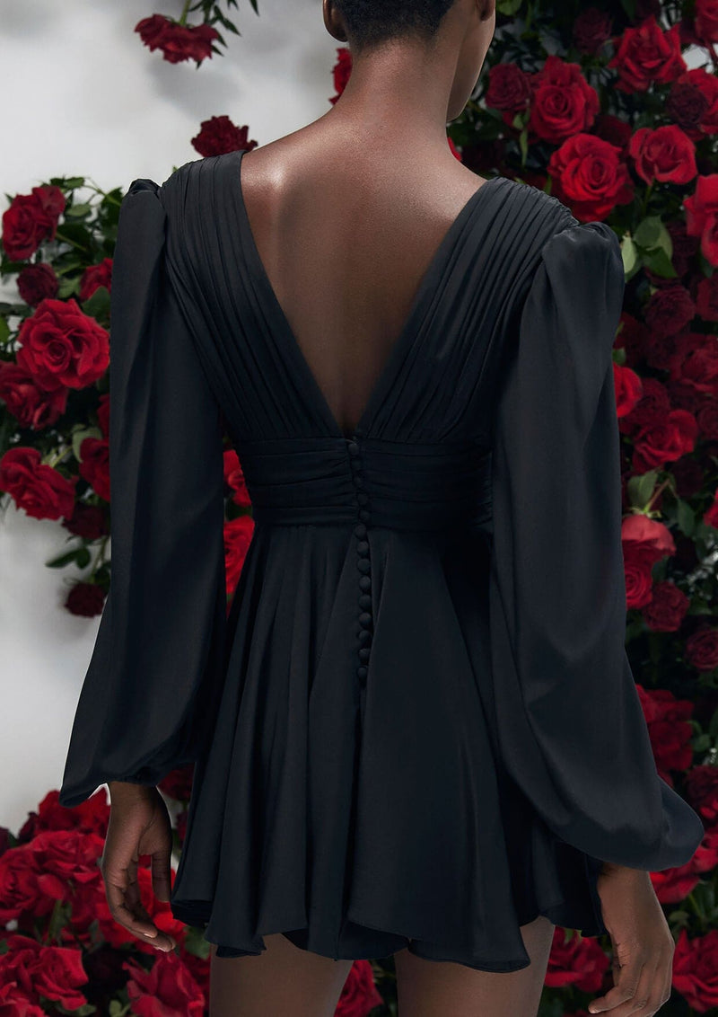 YVON - Ancolie Silk V-Neck Long-Sleeved Mini Dress
