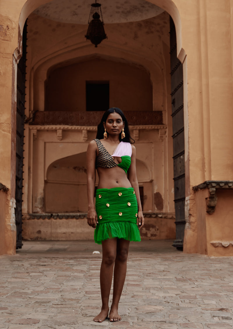 Colour-Block Ruched Tulle Brocade Crop Top