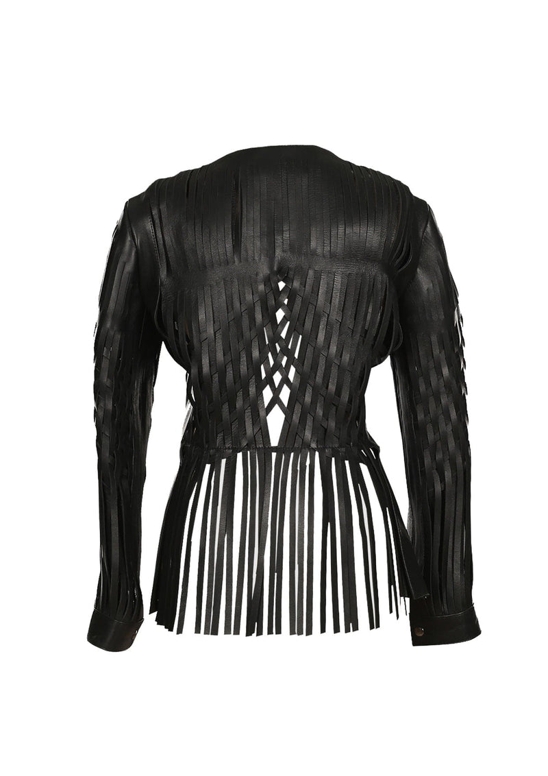 Attalea Woven Fringed Zip-Up Leather Jacket