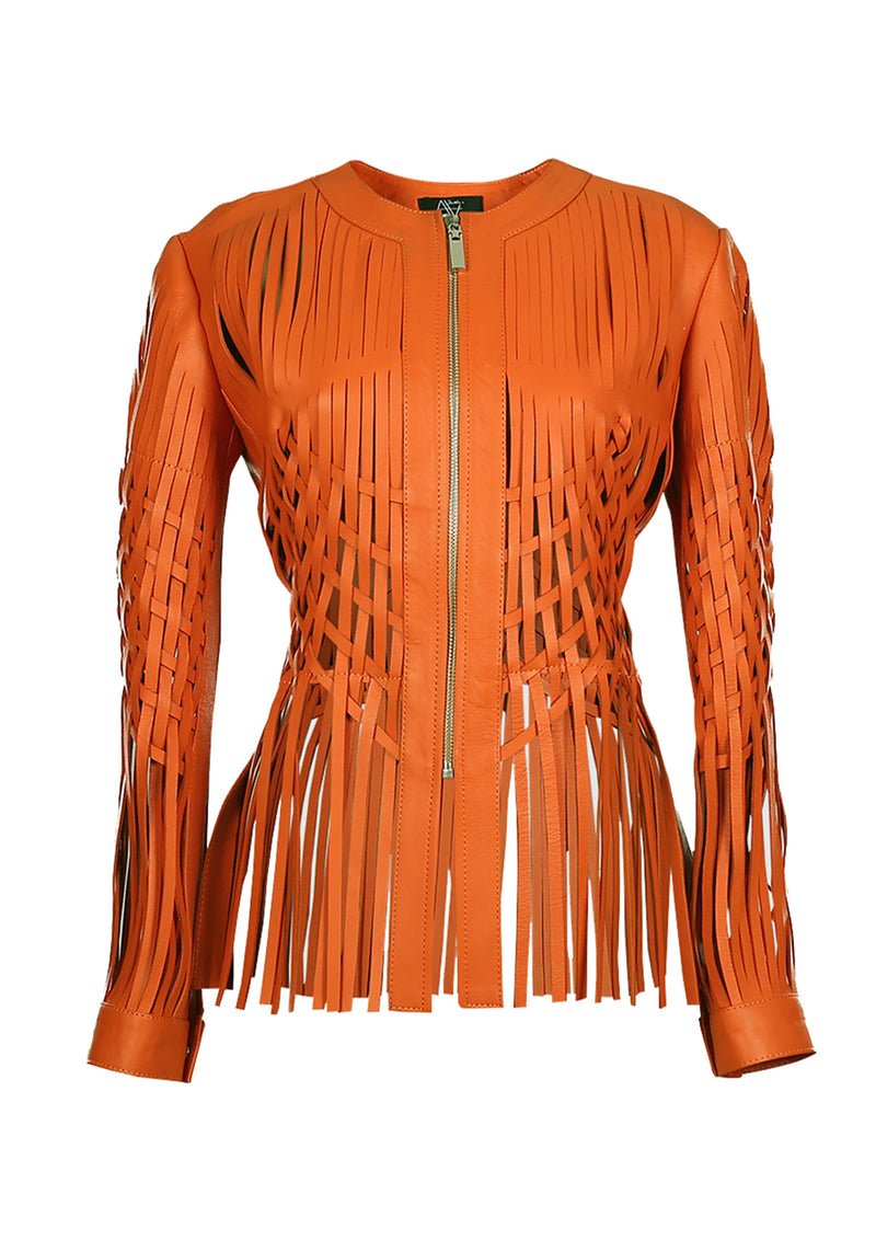 Attalea Woven Fringed Zip-Up Leather Jacket