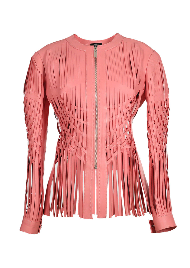 Attalea Woven Fringed Zip-Up Leather Jacket