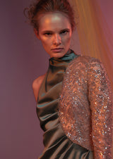 Chrysalis Open-Back Asymmetric Lace Sequin Gown