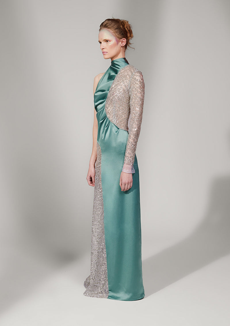 Chrysalis Open-Back Asymmetric Lace Sequin Gown