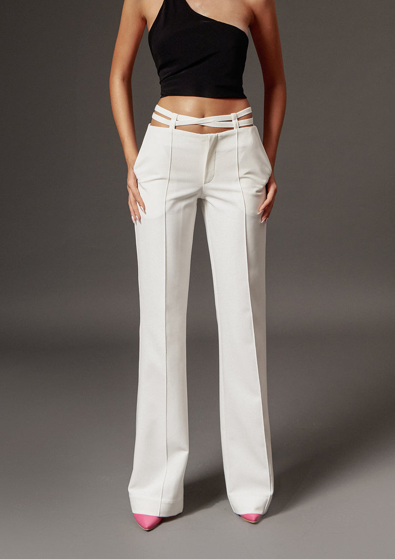 Cut-Out Belted Tailored Cotton-Mix Trousers