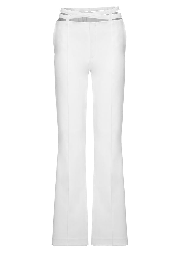 Cut-Out Belted Tailored Cotton-Mix Trousers