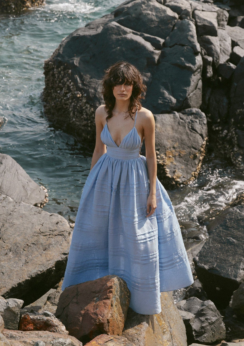 YVON - Delphinium Open Back Sheer Silk Maxi Dress MADAMVOYAGE YVON - Delphinium Open Back Sheer Silk Maxi Dress MADAMVOYAGE
