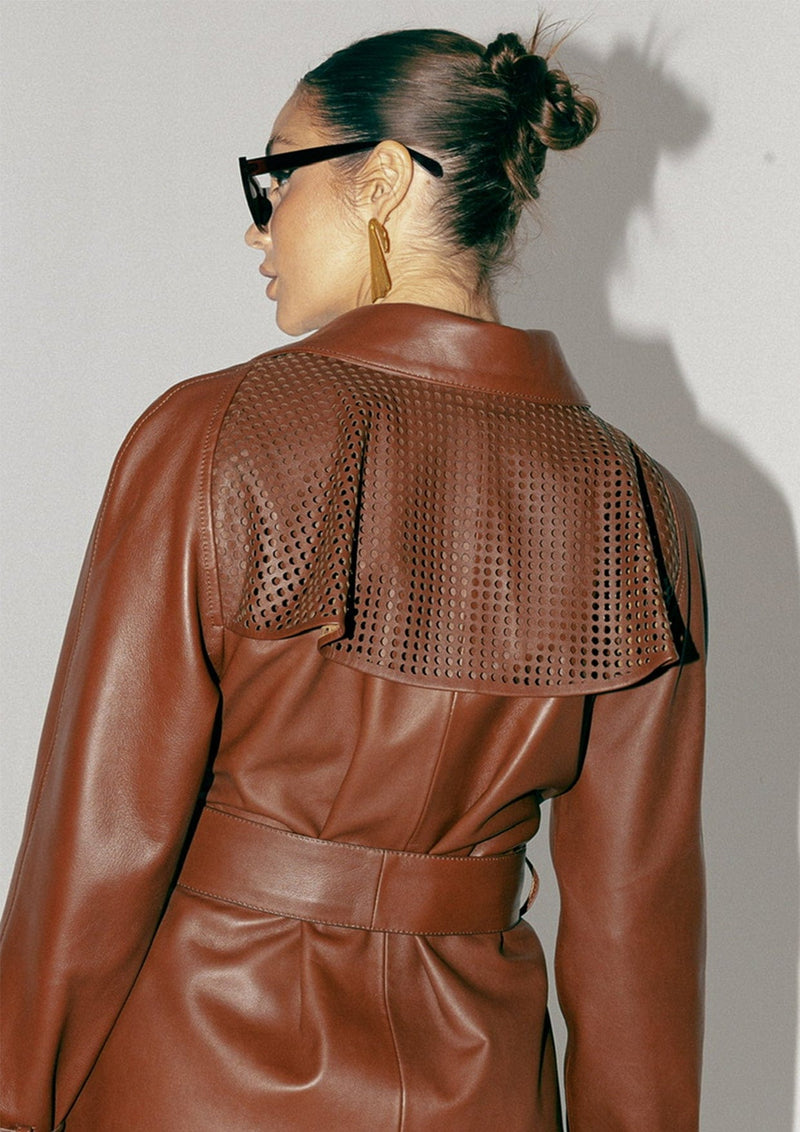 Ebony Long Leather Trench Coat with Belt