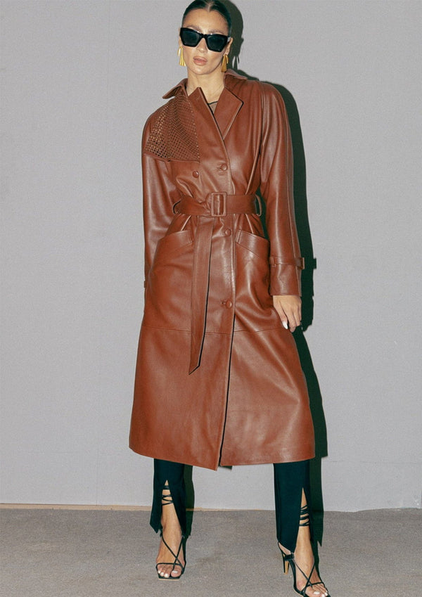 Ebony Long Leather Trench Coat with Belt