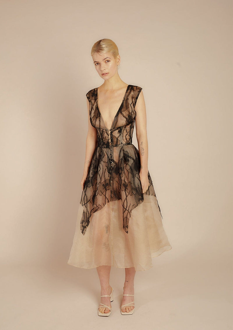 Lea Silk French Lace Full-Skirt Dress