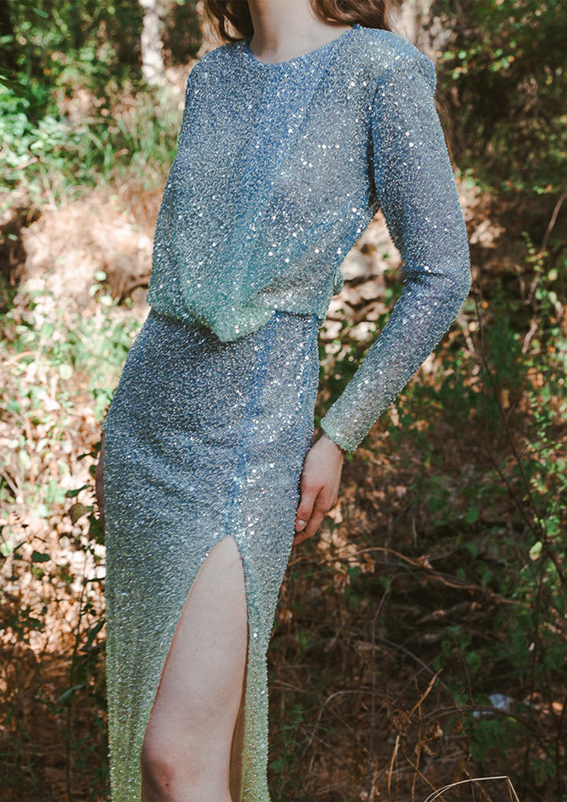 Moon Long-Sleeved Open Back Sequin Maxi Dress