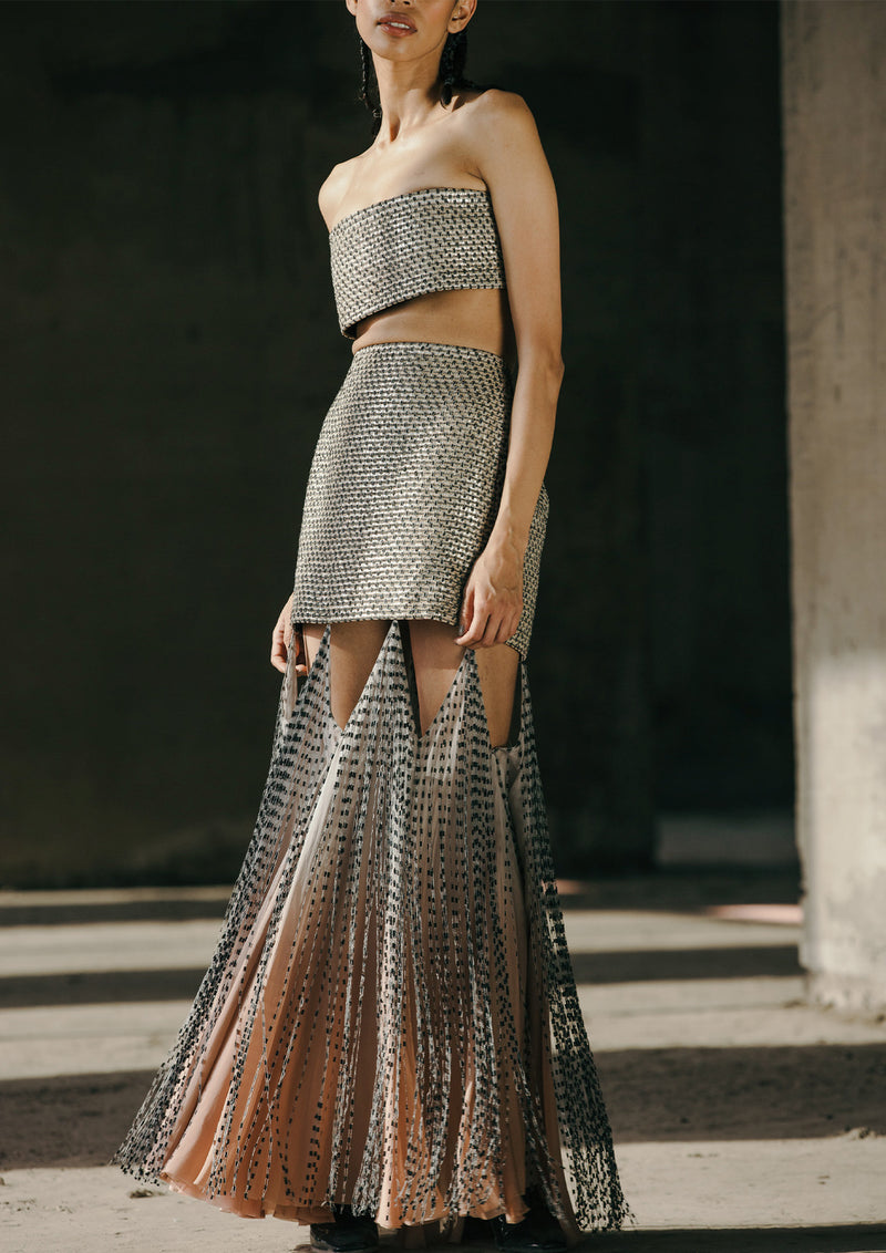 Structured Fringed Cut-Out Silk Maxi Skirt