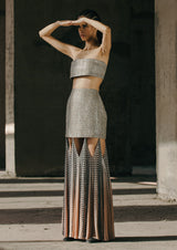 Structured Fringed Cut-Out Silk Maxi Skirt